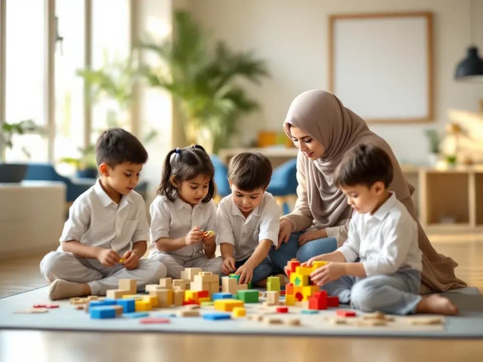 Young children building with colourful blocks with their teacher