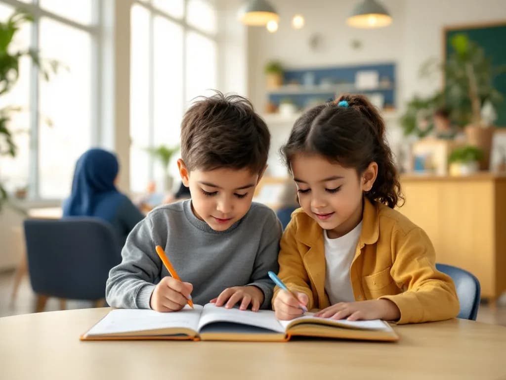 Two young learners reading and writing in their English notebooks