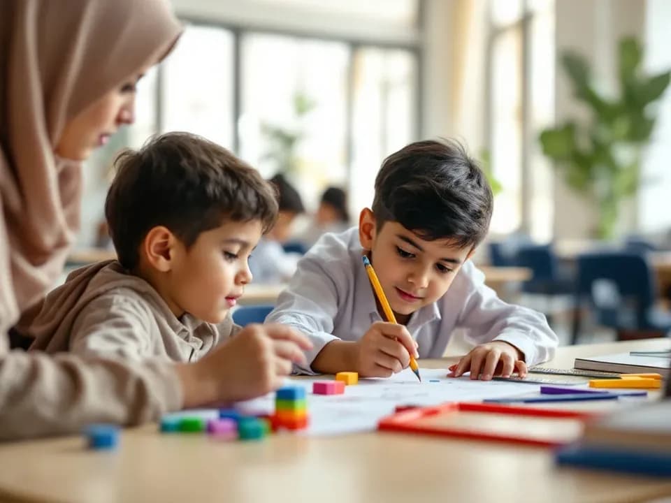 A primary-school learner working on maths with a pencil and counting blocks