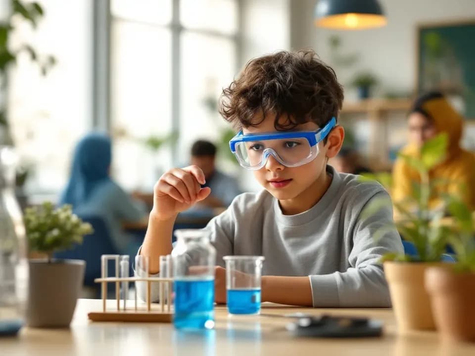 A student in safety goggles doing a simple science experiment