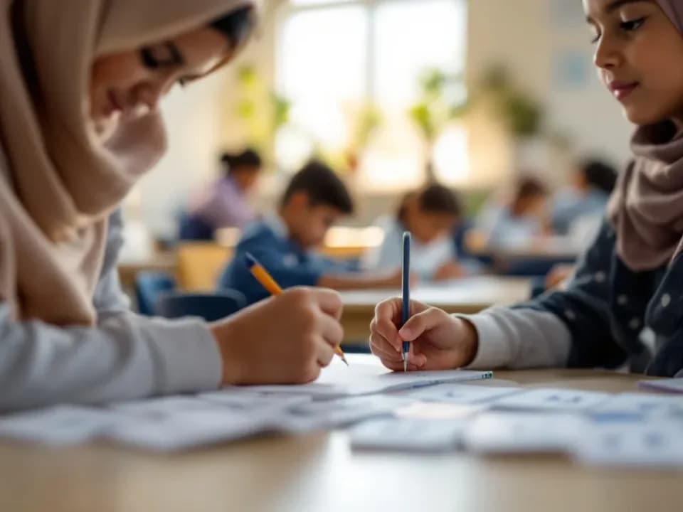 A learner practising handwriting in a language notebook