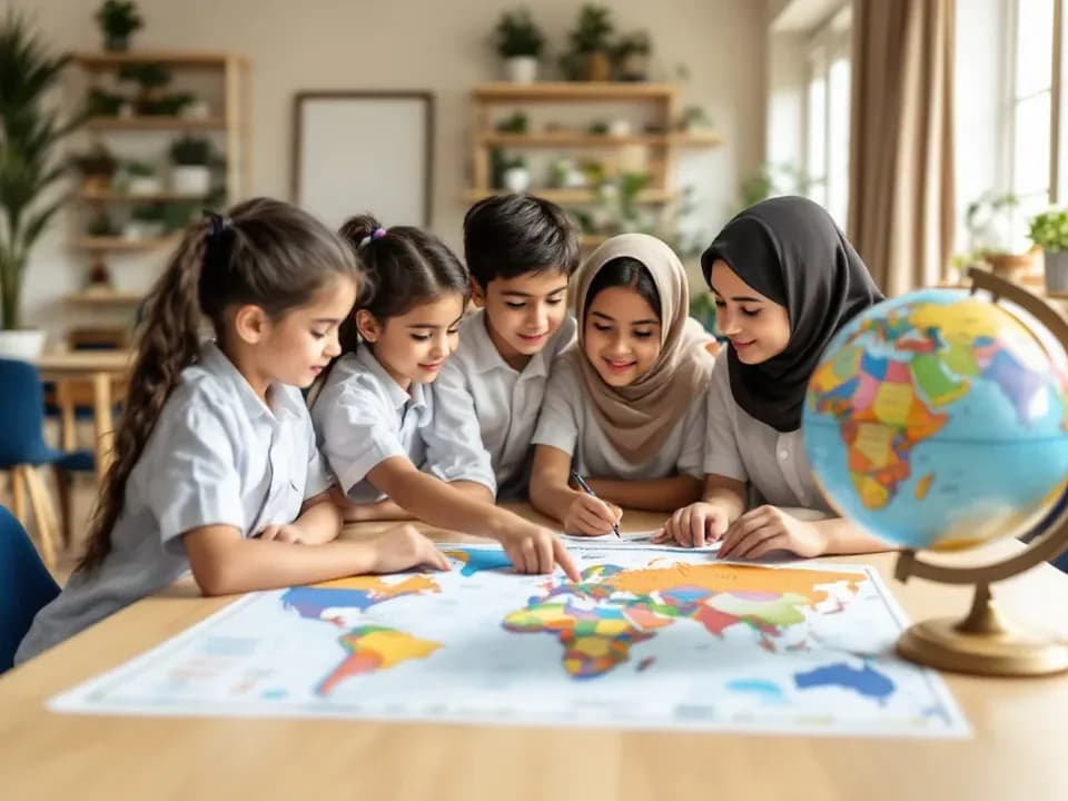 Learners exploring a world map and a globe together