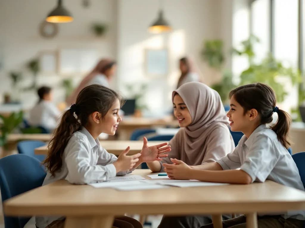 Children talking and listening to each other during a communication activity