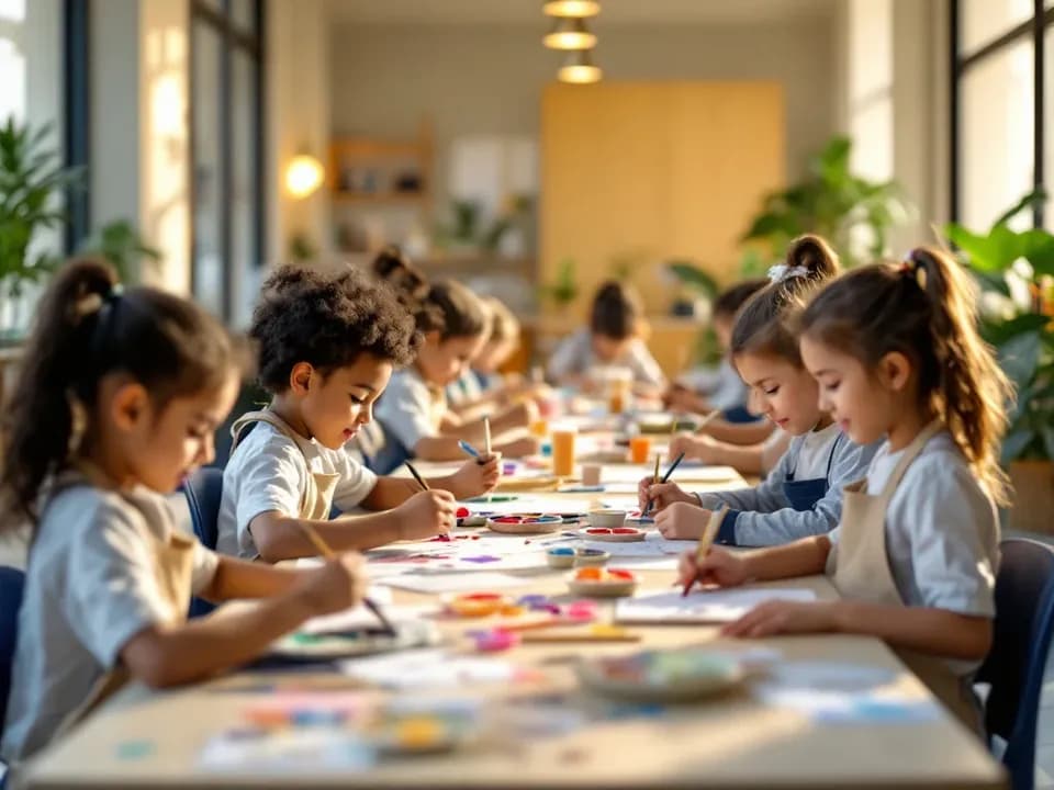 Children painting and doing crafts at a long art table