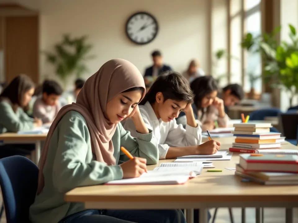 Older students revising for exams with textbooks and notes