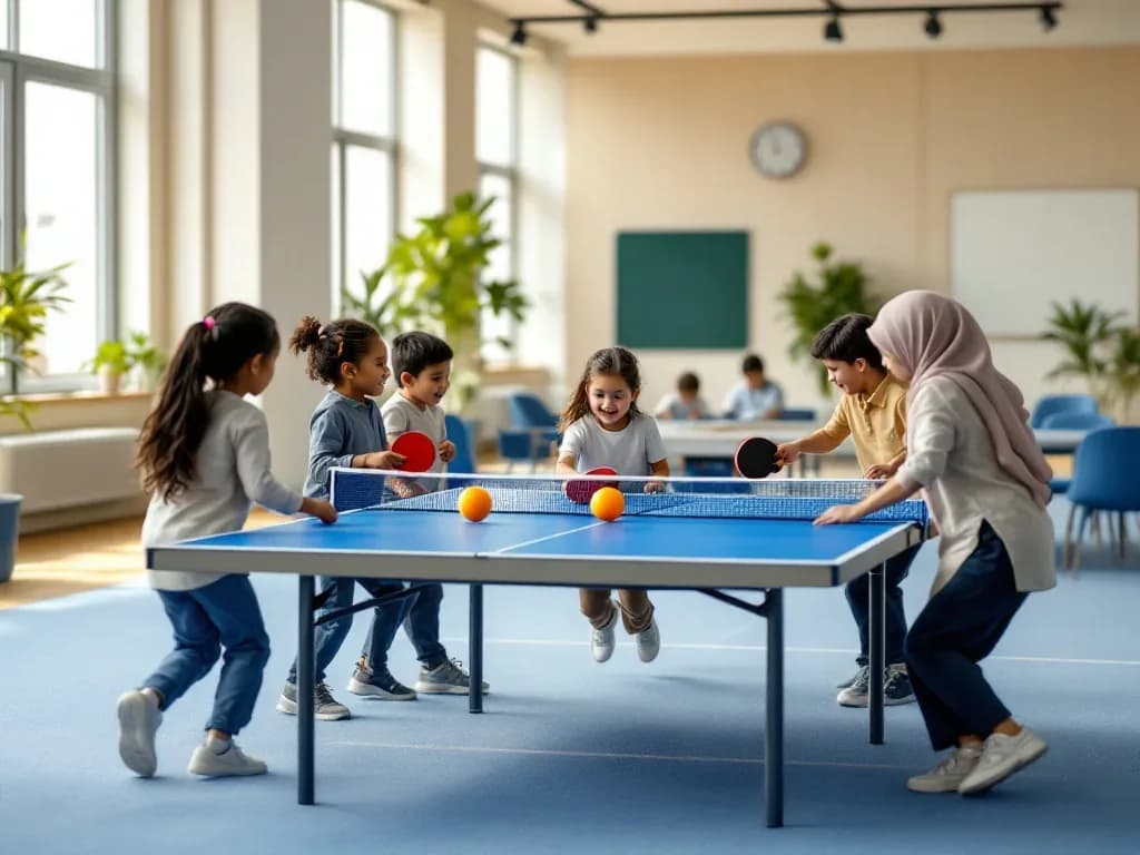 Children playing table tennis in a bright indoor activity hall