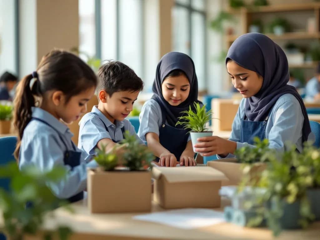 Children organising boxes and caring for plants together