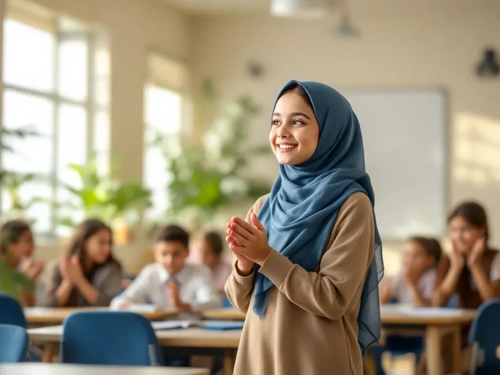 A confident student smiling as classmates applaud