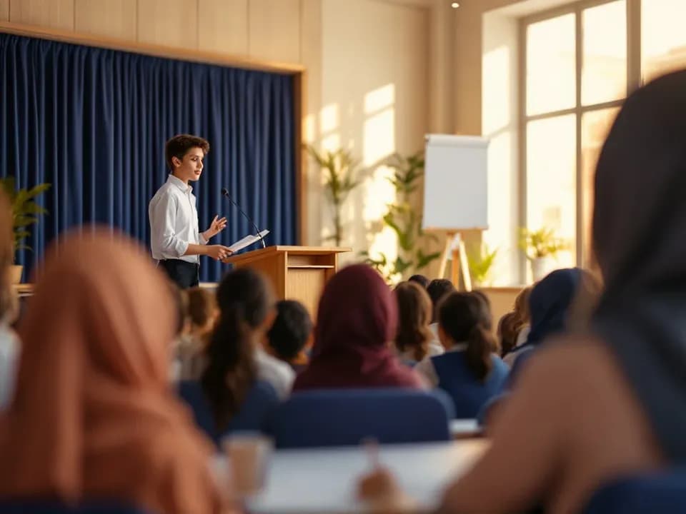 A student speaking at a lectern to a seated audience