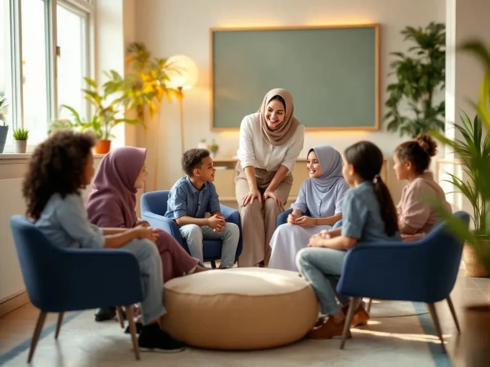 A small group of children practising conversation with their tutor