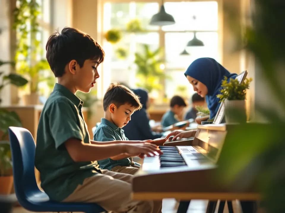 Children playing the keyboard and a drum in the music corner