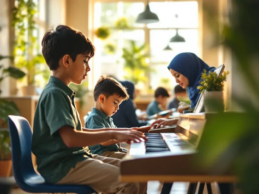 Children playing the keyboard and a drum in the music corner