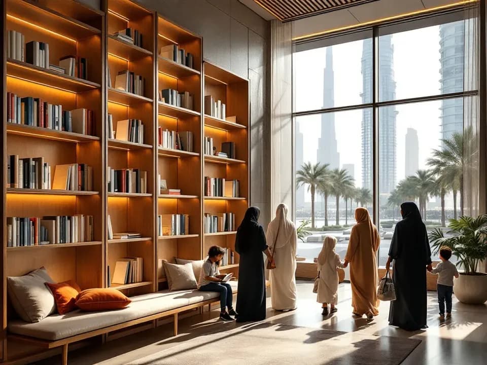 Our library, lined with wooden shelves and warm light