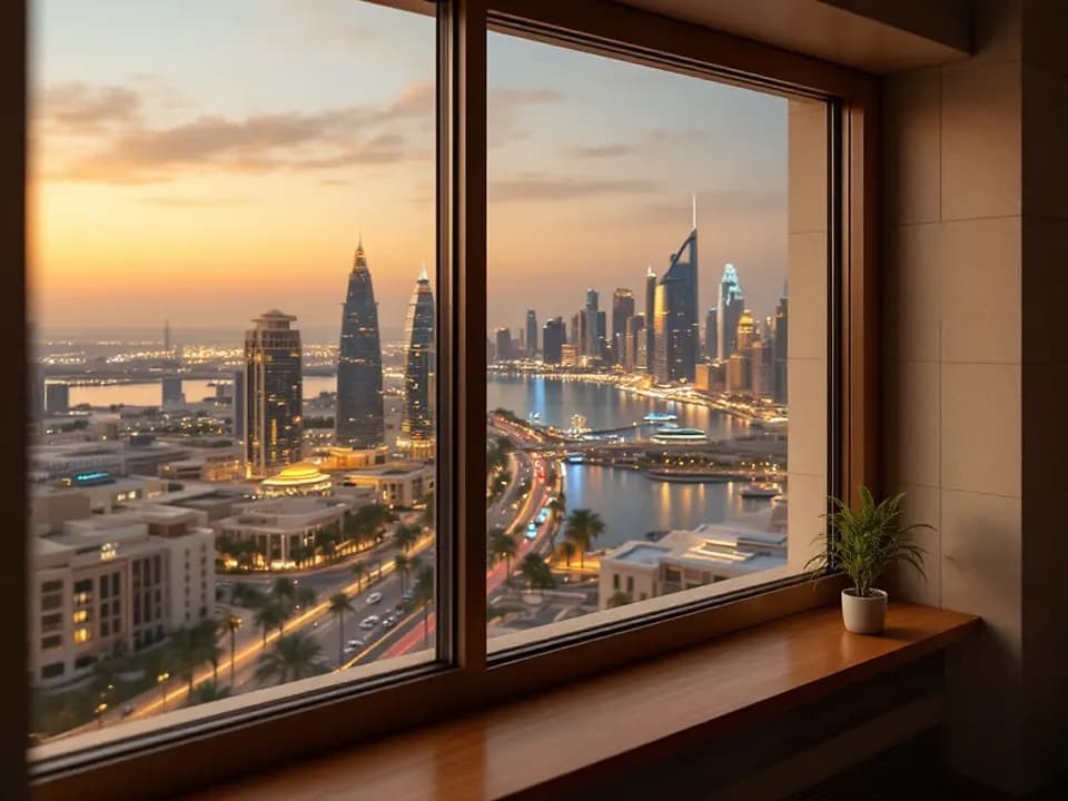 The Abu Dhabi skyline at dusk, seen from our floor