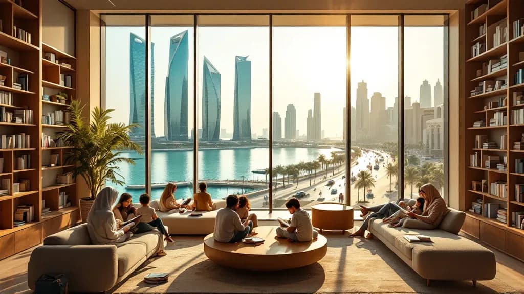 Learners reading in a warm library lounge overlooking the Abu Dhabi Corniche and Etihad Towers